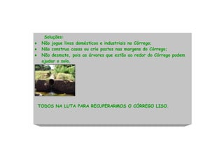 Soluções:
♦ Não jogue lixos domésticos e industriais no Córrego;
♦ Não construa casas ou crie pastos nas margens do Córrego;
♦ Não desmate, pois as árvores que estão ao redor do Córrego podem
  ajudar o solo.




 TODOS NA LUTA PARA RECUPERARMOS O CÓRREGO LISO.
 