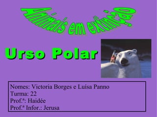 Animais em extinção Nomes: Victoria Borges e Luísa Panno  Turma: 22 Prof.ª: Haidée Prof.ª Infor.: Jerusa Urso Polar 