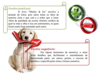 Pontos negativos:
Em alguns momentos da narrativa, o autor
evita detalhes que facilitariam o entendimento de
determinada parte; em outros, porém, o excesso de
detalhes e especificações torna a leitura cansativa.
Pontos positivos:
O livro “Marley & Eu” envolve a
atenção do leitor, pois narra todos os fatos de
maneira clara e que cativa a todos que o leem.
Além da qualidade da escrita, história verídica da
qual se trata a obra é rica em sentimentos, os quais
foram muito bem retratados pelo autor.
Em
 