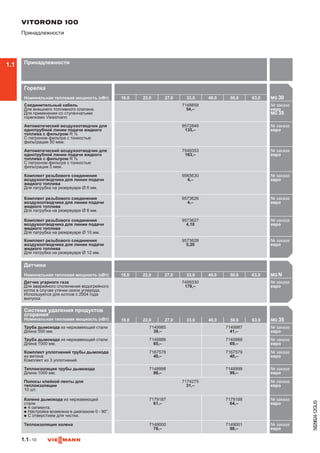 1.1–10
5829824-12GUS
Горелка
Номинальная тепловая мощность (кВт) 18,0 22,0 27,0 33,0 40,0 50,0 63,0 MG 30

Соединительный кабель
Для внешнего топливного клапана.
Для применения со ступенчатыми
горелками Viessmann
7148858
54,–
№ заказа
евро714
MG 35
Автоматический воздухоотводчик для
однотрубной линии подачи жидкого
топлива с фильтром R ⅜
С патроном фильтра с тонкостью
фильтрации 50 мкм.
9572846
135,–
№ заказа
евро957
Автоматический воздухоотводчик для
однотрубной линии подачи жидкого
топлива с фильтром R ⅜
С патроном фильтра с тонкостью
фильтрации 5 мкм.
7549353
163,–
№ заказа
евро956
Комплект резьбового соединения
воздухоотводчика для линии подачи
жидкого ­топлива
Для патрубка на резервуаре Ø 6 мм.
9565630
4,–
№ заказа
евро956
Комплект резьбового соединения
воздухоотводчика для линии подачи
жидкого ­топлива
Для патрубка на резервуаре Ø 8 мм.
9573626
4,–
№ заказа
евро957
Комплект резьбового соединения
воздухоотводчика для линии подачи
жидкого ­топлива
Для патрубка на резервуаре Ø 10 мм.
9573627
4,10
№ заказа
евро957
Комплект резьбового соединения
воздухоотводчика для линии подачи
жидкого ­топлива
Для патрубка на резервуаре Ø 12 мм.
9573628
5,20
№ заказа
евро957

Система удаления продуктов
сгорания
Номинальная тепловая мощность (кВт) 18,0 22,0 27,0 33,0 40,0 50,0 63,0 MG 35

Труба дымохода из нержавеющей стали
Длина 500 мм.
7149985
39,–
7149987
41,–
№ заказа
евро714
Труба дымохода из нержавеющей стали
Длина 1000 мм.
7149986
65,–
7149988
69,–
№ заказа
евро714
Комплект уплотнений трубы дымохода
из витона
Комплект из 3 уплотнений.
7167578
40,–
7167579
40,–
№ заказа
евро716
Теплоизоляция трубы дымохода
Длина 1000 мм.
7148998
86,–
7148999
99,–
№ заказа
евро714
Полосы клейкой ленты для
теплоизоляции
10 шт.
7174275
31,–
№ заказа
евро717
Колено дымохода из нержавеющей
стали
n	4 сегмента.
n	Настройка возможна в диапазоне 0 - 90°.
n	С отверстием для чистки.
7179187
61,–
7179188
64,–
№ заказа
евро717
Теплоизоляция колена 7149000
76,–
7149001
98,–
№ заказа
евро714
VITOROND 100
Принадлежности
Принадлежности
Датчики
Номинальная тепловая мощность (кВт) 18,0 22,0 27,0 33,0 40,0 50,0 63,0 MG N

Датчик угарного газа
Для аварийного отключения водогрейного
котла в случае утечки окиси углерода.
Используется для котлов с 2004 года
выпуска
7499330
178,–
№ заказа
евро956

1.1
 