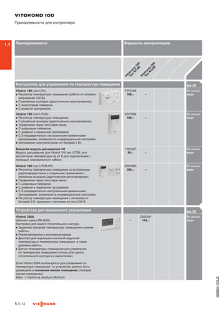 1.1–12
5829824-12GUS
Контроллер для управления по температуре помещения MG 35

Vitotrol 100 (тип UTA)
n	Регулятор температуры помещения (работа от сетевого
напряжения 230 В).
n	С релейным выходом (двухточечное регулирование).
n	С аналоговым таймером.
n	С дневной программой.
7170149
166,– –
№ заказа
евро717
Vitotrol 100 (тип UTDB)
n	Регулятор температуры помещения.
n	С релейным выходом (двухточечное регулирование).
n	Управление через текстовое меню.
n	С цифровым таймером.
n	С дневной и недельной программой.
n	С 3 предварительно настроенными временными
программами, возможность индивидуальной настройки.
n	Автономное электропитание (от батарей 3 В).
Z007694
198,– –
№ заказа
евроZ00
Внешний модуль расширения H4
Модуль расширения для Vitotrol 100 тип UTDB, или
регуляторов температуры на 24 В для подключения с
помощью низковольтного кабеля.
7197227
90,– –
№ заказа
евро719
Vitotrol 100 (тип UTDB-RF)
n	Регулятор температуры помещения со встроенным
радиопередатчиком и отдельным приемником с
релейным выходом (двухточечное регулирование).
n	Управление через текстовое меню.
n	С цифровым таймером.
n	С дневной и недельной программой.
n	С 3 предварительно настроенными временными
программами, возможность индивидуальной настройки.
n	Регулятор температуры помещения с питанием от
батарей 3 В, приемник с питанием от сети 230 В.
Z007695
368,– –
№ заказа
евроZ00

Устройства дистанционного управления MG 35

Vitotrol 200A
(абонент шины KM-BUS)
Настройка для одного отопительного контура:
n	Заданное значение температуры помещения и режим
работы.
n	Режим вечеринки и экономный режим.
n	Дисплей для индикации значений наружной
температуры и температуры помещения, а также
режимов работы.
n	Датчик температуры помещения для управления
по температуре помещения (только для одного
отопительного контура со смесителем).
Если Vitotrol 200A используется для управления по
температуре помещения, то устройство должно быть
размещено в основном жилом помещении (типовом
жилом помещении).
Макс. 2 Vitotrol на каждый Vitotronic.
–
Z008341
142,–
№ заказа
евроZ00
VITOROND 100
Принадлежности для контроллера
Принадлежности Варианты контроллеров
Vitotronic
100
Тип
K
C
4B
Vitotronic
200
Тип
K
O
2B
1.1
 