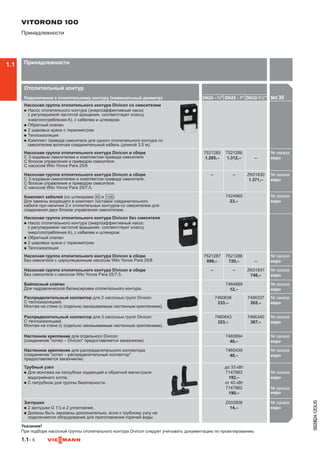 1.1– 6
5829824-12GUS
Отопительный контур
Подключение к отопительному контуру (номинальный диаметр) DN20 - ¾ DN25 - 1 DN32-1¼ MG 35

Насосная группа отопительного контура Divicon со смесителем
n	Насос отопительного контура (энергоэффективный насос
с регулируемой частотой вращения, соответствует классу
энергопотребления A), с кабелем и штекером.
n	Обратный клапан
n	2 шаровых крана с термометром
n	Теплоизоляция
n	Комплект привода смесителя для одного отопительного контура со
смесителем включая соединительный кабель (длиной 3,5 м).
Насосная группа отопительного контура Divicon в сборе
С 3-ходовым смесителем и комплектом привода смесителя
С блоком управления и приводом смесителя
С насосом Wilo Yonos Para 25/6
7521285
1.285,–
7521286
1.312,– –
№ заказа
евро
Насосная группа отопительного контура Divicon в сборе
С 3-ходовым смесителем и комплектом привода смесителя.
С блоком управления и приводом смесителя.
С насосом Wilo Yonos Para 25/7,5.
– – ZK01830
1.371,–
№ заказа
евро746
Комплект кабелей (со штекерами fÖ и aVG)
Для замены входящего в комплект поставки соединительного
кабеля при наличии 2-х отопительных контуров со смесителем для
соединения двух блоков управления смесителем.
7424960
23,–
№ заказа
евро742
Насосная группа отопительного контура Divicon без смесителя
n	Насос отопительного контура (энергоэффективный насос
с регулируемой частотой вращения, соответствует классу
энергопотребления A), с кабелем и штекером.
n	Обратный клапан
n	2 шаровых крана с термометром
n	Теплоизоляция
Насосная группа отопительного контура Divicon в сборе
Без смесителя с циркуляционным насосом Wilo Yonos Para 25/6
7521287
696,–
7521288
720,– –
№ заказа
евро
Насосная группа отопительного контура Divicon в сборе
Без смесителя с насосом Wilo Yonos Para 25/7,5.
– – ZK01831
748,–
№ заказа
евро746
Байпасный клапан
Для гидравлической балансировки отопительного контура.
7464889
12,–
№ заказа
евро746
Распределительный коллектор для 2 насосных групп Divicon
С теплоизоляцией.
Монтаж на стене (с отдельно заказываемым настенным креплением).
7460638
233,–
7466337
265,–
№ заказа
евро746
Распределительный коллектор для 3 насосных групп Divicon
С теплоизоляцией.
Монтаж на стене (с отдельно заказываемым настенным креплением).
7460643
323,–
7466340
367,–
№ заказа
евро746
Настенное крепление для отдельного Divicon
(соединение котел – Divicon предоставляется заказчиком)
7465894
40,–
№ заказа
евро746
Настенное крепление для распределительного коллектора
(соединение котел – распределительный коллектор
предоставляется заказчиком)
7465439
40,–
№ заказа
евро746
Трубный узел
n	Для монтажа на патрубках подающей и обратной магистрали
водогрейного котла.
n	С патрубком для группы безопасности.
до 33 кВт
7147863
182,–
от 40 кВт
7147862
190,–
№ заказа
евро
№ заказа
евро714
Заглушки
n	2 заглушки G 1½ и 2 уплотнения.
n	Должны быть заказаны дополнительно, если к трубному узлу не
подключается оборудование для приготовления горячей воды.
Z002606
14,–
№ заказа
евроZ00

Указание!
При подборе насосной группы отопительного контура Divicon следует учитывать документацию по проектированию.
VITOROND 100
Принадлежности
Принадлежности1.1
 