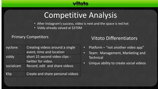 Competitive Analysis
                • After Instagram’s success, video is next and the space is red hot
                • Viddy already valued at $370M

   Primary Competitors                                  Vitoto Differentiators
vyclone     Creating videos around a single        •   Platform – “not another video app”
            event, time and location               •   Team: Management, Marketing and
viddy       short 15 second video clips -              Technical
            twitter for video.                     •   Unique ability to create social videos
socialcam   Record, edit and share videos

Klip        Create and share personal videos
 