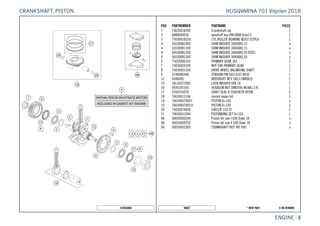 X ON DEMAND* NEW PART50057
ENGINE || 8
POS PARTNUMBER PARTNAME PIECE
1 76630018200 Crankshaft cpl. 1
2 0888040050 woodruff key DIN 6888 4x5x13 1
3 75030018150 CYL.ROLLER BEARING NJ207 ECPC4 2
4 56530081000 SHIM WASHER 36X48X0,10 x
4 56530081100 SHIM WASHER 36X48X0,15 x
4 56530081200 SHIM WASHER 36X48X0,20 STEEL x
4 56530081300 SHIM WASHER 36X48X0,30 x
6 75032000102 PRIMARY GEAR 36T. 1
7 75030029100 NUT FOR PRIMARY GEAR 1
8 75030055100 DRIVE WHEEL BALANCING SHAFT 1
9 0749080300 TENSION PIN ISO13337 8X30 1
12 6946005 WOODRUFF KEY 5X6,5 HARDED 1
15 58132072000 LOCK WASHER VSK 18 1
16 0936181505 HEXAGON NUT DIN0936-M18X1,5 R. 1
17 0760355070 SHAFT SEAL R.35X50X7B VITON 2
18 76630015144 conrod repair kit 1
19 76630007000 I PISTON D=105 x
19 76630007000 II PISTON D=105 x
20 75030074000 CIRCLIP LC4 07 2
21 76630031044 PISTONRING SET D=105 1
98 00050000249 Piston kit size I 690 Duke 18 x
98 00050000250 Piston kit size II 690 Duke 18 x
99 00050002305 CRANKSHAFT REP. KIT 690 x
167663060
HUSQVARNA 701 Vitpilen 2018CRANKSHAFT, PISTON
 