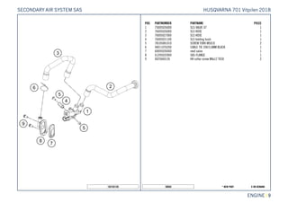 X ON DEMAND* NEW PART50058
ENGINE || 9
POS PARTNUMBER PARTNAME PIECE
1 75005026000 SLS-VALVE 07 1
2 76005026000 SLS HOSE 1
3 76005027000 SLS HOSE 1
4 76005031100 SLS holding bush 1
5 78105081010 SCREW TORX M5X10 2
6 44011076200 CABLE TIE 200/3,6MM BLACK 1
7 60005026000 reed valve 1
8 61205032000 SAS-FLANGE 1
9 0025060126 HH collar screw M6x12 TX30 2
182103130
HUSQVARNA 701 Vitpilen 2018SECONDARY AIR SYSTEM SAS
 