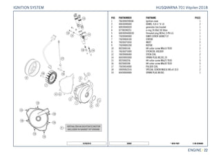 X ON DEMAND* NEW PART50069
ENGINE || 22
POS PARTNUMBER PARTNAME PIECE
1 76630002000JA Ignition cover 1
2 49030090000 DOWEL 9,8 X 7 X 10 2
3 60039040020 generator line bracket 1
4 07700240251 o-ring 24.00x2.50 Viton 1
5 6003009400030 threaded plug M24x1.5 PA 6.6 1
6 75030040000 IGNITI.COVER GASKET 07 1
7 75039004100 STATOR 1
8 76036075050 INSET 2
9 75039005200 ROTOR 1
10 0025060166 HH collar screw M6x16 TX30 2
11 76636075000 STICKCOIL HOLDER 1
12 76039006000 STICK COIL 2
14 60439093000 SPARK PLUG M12X1.25 1
15 0025060256 HH collar screw M6x25 TX30 5
16 0025060306 HH collar screw M6x30 TX30 5
17 75039034000 PULSER COIL 1
18 59009062016 SPECIAL SCREW M6X16 WS=8 10.9 2
19 60439094000 SPARK PLUG M10X1 1
167663910
HUSQVARNA 701 Vitpilen 2018IGNITION SYSTEM
 