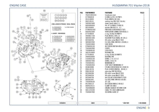 X ON DEMAND* NEW PART50023
ENGINE || 3
POS PARTNUMBER PARTNAME PIECE
1 7663010003333 Crankcase cmpl. 1
2 0770060018 O-RING 6,07X1,78 FPM75 1
3 0910100003 PLUG DIN0910-M 10X1 3
4 0603100141 sealing ring DIN 7603 10x14x1 3
5 59030023000 dowel sleeve 6x8x11.5 3
6 60030064050 OIL JET 50 M6X0,75 WS8 05 2
7 0021050003 washer DIN 9021 A - 5.3 4
8 073800501002 PAN HEAD SCREW M5X10 TX25 6
9 60030022000 VENTILATION CONNECTOR M16X1,5 1
10 0770180020 o-ring 18.00x2.00 NBR70 2
11 59038017100 PLUG M20X1,5 WS=13 2
12 58030021000 OILDRAIN PLUG W.MAG. M 12X1,5 1
13 0025060356 HH collar screw M6x35 TX30 2
14 58038022000 CU-SEAL RING DIN7603-12X18X1,5 1
15 75030010000 CASE BUSH 2
16 07984050100 AH SCREW DIN7984 M5X10 A2 3
17 75030042000 COVER 1
18 75038048100 LOCK PIECE 1
19 54633018400 BUSHING PIN 1
20 0770180020 o-ring 18.00x2.00 NBR70 1
21 59040028000 BUSHING PIN 1
22 51030026100 DOWEL 17 X 13 X 12 1
23 54830027000 DOWEL 21X12 03 1
24 75030003051 MEMBRANE 07 1
25 75030003050 STOP SHEET MEMBRANE 07 1
26 0458030080 CYLIND.SCREW M3X8 ISO 14580 SS 2
27 0906140150 PLUG SCREW DIN0906 - M14X1,5 1
28 0906100100 pipe plug DIN 906 M10x1 3
30 0025060306 HH collar screw M6x30 TX30 11
31 0025060256 HH collar screw M6x25 TX30 1
32 0025060706 HH COLLAR SCREW M6X70 TX30 1
33 0603061001 CU-SEAL RING DIN7603-6X10X1 2
34 75030058160 JET 160 1
35 0912060123 AH SCREW DIN0912-M 6X12 1
36 00049220121 CLAMP STD DN22 1
37 76030086000 ENGINE EXHAUST RETURN FLOW 1
38 44011076200 CABLE TIE 200/3,6MM BLACK 1
39 75030047000 SECURING GUIDE 07 1
187663010
HUSQVARNA 701 Vitpilen 2018ENGINE CASE
 