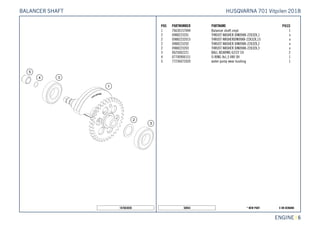 X ON DEMAND* NEW PART50054
ENGINE || 6
POS PARTNUMBER PARTNAME PIECE
1 76630157044 Balancer shaft cmpl. 1
2 0988223201 THRUST WASHER DIN0988-22X32X,1 x
2 09882232015 THRUST WASHERDIN0988-22X32X,15 x
2 0988223202 THRUST WASHER DIN0988-22X32X,2 x
2 0988223203 THRUST WASHER DIN0988-22X32X,3 x
3 0625062221 BALL BEARING 62/22 C4 2
4 07700900151 O-RING 9x1,5 V80 SH 1
5 77236072020 water pump wear bushing 1
187663030
HUSQVARNA 701 Vitpilen 2018BALANCER SHAFT
 