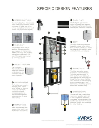 WALL-HUNGFRAMES
BATHROOM COLLECTION | WALL-HUNG FRAMES | 63
SPECIFIC DESIGN FEATURES
SPECIFICDESIGNFEATURES
Image for illustration purpose only (regular frame)
5 METAL STAND
Metal stands enable easy
adjustment of height from
the floor and secure fixing.
6 FLUSHING VALVE
The flushing valve transfers
the water in the cistern
to the WC pan for flushing.
For correct and reliable
functioning, flushing
units are subjected to
200,000 water-tightness
and accelerated life tests
at the factory.
1 FLUSH PLATE
The flush plate operates the
cistern. It enables easy operation
of the wall-hung frame and covers
internal parts that remain in the wall.
4 OVERFLOW PIPE
The overflow pipe in the flushing
mechanism takes the safety duty
in wall-hung frames. When too
much water enters the cistern, the
overflow pipe channels the excess
water into the WC pan, preventing
the risk of flooding.
8 PANEL GAP
The panel gap on the body is
designed to provide optimum
opening space for maintenance
of filling or flushing units, enabling
easy access to the cistern. The
size of this gap is very important
for servicing purposes.
3 FILLING VALVE
The filling valve is the system
that fills the cistern with water.
The filling valve is checked in
VitrA labs for “water-tightness”
via accelerated life testing 200,000
times. The filters above the filling
valve eliminate the risk of clogging,
ensuring durability and a long
lifetime. New VitrA filling systems
ensure fast and silent filling.
9 INTERMEDIARY HOSE
The intermediary hose that connects
to the water piping inside the cistern
can isolate the water flow during
service-oriented interventions, which
enables easy replacement of parts.
7 BODY STYROFOAM
The Styrofoam
that coats the entire
lower body prevents
condensation in the
cistern and ensures
sound insulation.
2 BODY
The filling and flushing valves are
located in this part of the cistern.
Produced from polyethylene (HDPE)
raw materials, it offers more safety
with its flexibility and resilience.
19
2
3
4
8
7
6
5
 