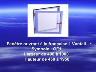 Fenêtre ouvrant à la française 1 Vantail 
Symbole : OF1
Largeur de 400 à 1000
Hauteur de 450 à 1950

 