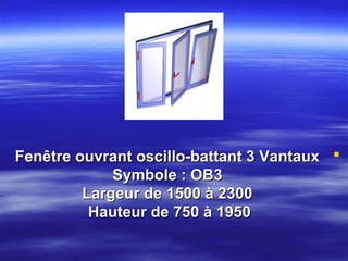 Fenêtre ouvrant oscillo-battant 3 Vantaux 
Symbole : OB3
Largeur de 1500 à 2300
Hauteur de 750 à 1950

 