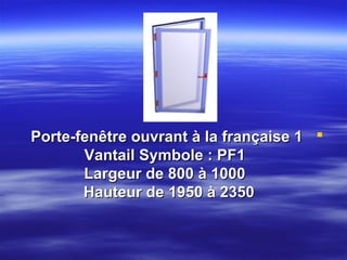 Porte-fenêtre ouvrant à la française 1 
Vantail Symbole : PF1
Largeur de 800 à 1000
Hauteur de 1950 à 2350

 