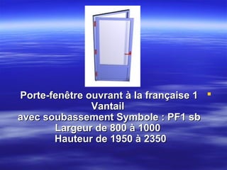 Porte-fenêtre ouvrant à la française 1 
Vantail
avec soubassement Symbole : PF1 sb
Largeur de 800 à 1000
Hauteur de 1950 à 2350

 