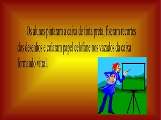 Osalunospintaramacaixadetintapreta,fizeramrecortes
dosdesenhosecolarampapelcelofanenosvazadosdacaixa
formandovitral.
Procedimento:Utilizaramosmateriais;caixasdesapato,tinta
 
