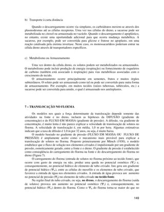 149 
b) Transporte à curta distância 
Quando o descarregamento ocorre via simplasto, os carboidratos movem-se através dos 
plasmodesmas até as células receptoras. Uma vez nas células do dreno, a sacarose pode ser 
metabolizada no citosol ou armazenada no vacúolo. Quando o descarregamento é apoplástico, 
no entanto, existe uma oportunidade adicional para que ocorra mudança metabólica. A 
sacarose, por exemplo, pode ser convertida para glicose e frutose no apoplasto, em uma 
reação catalisada pela enzima invertase. Neste caso, os monossacarídeos poderiam entrar na 
célula dreno através de transportadores específicos. 
c) Metabolismo ou Armazenamento 
Uma vez dentro da célula dreno, os solutos podem ser metabolizados ou armazenados. 
O metabolismo pode incluir produção de energia (respiração) ou fornecimento de esqueletos 
de carbono (também está associado à respiração) para vias metabólicas associadas com o 
crescimento do tecido. 
O armazenamento ocorre principalmente em sementes, frutos e muitos órgãos 
subterrâneos. O soluto pode ser armazenado como tal ou pode ser convertido para outra forma 
de armazenamento. Por exemplo, em muitos tecidos (raízes tuberosas, tubérculos, etc.) a 
sacarose pode ser convertida para amido, o qual é armazenado nos amiloplastos. 
7 – TRANSLOCAÇÃO NO FLOEMA 
Os modelos nos quais a força determinante da translocação depende somente das 
atividades na fonte e no dreno, incluem as hipóteses da DIFUSÃO (gradiente de 
concentração) e do FLUXO EM MASSA (gradiente de pressão). A difusão, via gradiente de 
concentração, é muito lenta é não parece explicar a velocidade de translocação de solutos no 
floema. A velocidade de translocação é, em média, 1,0 m por hora. Algumas estimativas 
indicam que a taxa de difusão é 1,0 m por 32 anos, ou seja, é muito baixa. 
O modelo baseado no gradiente de pressão (FLUXO EM MASSA OU FLUXO DE 
PRESSÃO) é amplamente aceito como o mecanismo mais provável para explicar a 
translocação de solutos no floema. Proposto primeiramente por Münch (1930), o modelo 
estabelece que o fluxo de solução nos elementos crivados é impulsionado por um gradiente de 
pressão, osmoticamente gerado, entre a fonte e o dreno. O gradiente de pressão é estabelecido 
como conseqüência do carregamento do floema na fonte e do descarregamento do floema no 
dreno (Figura 7). 
O carregamento do floema (entrada de solutos no floema próximo ao tecido fonte), que 
ocorre com gasto de energia ou não, produz uma queda no potencial osmótico (Ys) e, 
consequentemente, no potencial hídrico do elemento de tubo crivado. Isto gera um gradiente 
de potencial hídrico (Yw), entre as células do mesofilo e os elementos de tubo crivado, que 
favorece a entrada de água nos elementos crivados. A entrada de água provoca um aumento 
no potencial de pressão (Yp) no elemento de tubo crivado no tecido fonte. 
Na região final do tubo crivado, ou seja, no dreno, o descarregamento do floema (saída 
de solutos) provoca um aumento no potencial osmótico (Ys) e, consequentemente, no 
potencial hídrico (Yw) dentro do floema. Como o Yw do floema torna-se maior do que no 
 