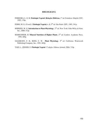 153 
BIBLIOGRAFIA 
FERREIRA, L. G. R. Fisiologia Vegetal: Relações Hídricas. 1st ed. Fortaleza: Edições UFC, 
1992, 138p. 
FERRI, M. G. (Coord.) Fisiologia Vegetal, v. 1. 2nd ed. São Paulo: EPU, 1985, 361p. 
HOPKINS, W. G. Introduction to Plant Physiology. 2nd ed. New York: John Wiley & Sons, 
Inc., 2000, 512p. 
MARSCHNER, H. Mineral Nutrition of Higher Plants. 2nd ed. London: Academic Press, 
1995, 889p. 
SALISBURY, F. B., ROSS, C. W. Plant Physiology. 4th ed. California: Wadsworth 
Publishing Company, Inc., 1991, 682p. 
TAIZ, L., ZEIGER, E. Fisiologia Vegetal. 3ª edição. Editora Artmed, 2004, 719p. 
 