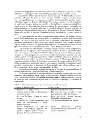 membranas e são geralmente encontradas na parede final do elemento de tubo, onde as células 
individuais se juntam para formar uma séria longitudinal conhecida como tubo crivado. 
Os elementos de tubo crivado possuem mecanismos que, sob determinadas condições, 
permitem a obstrução dos poros nas placas crivadas, evitando a perda da seiva pela planta. 
Isto ocorre, geralmente, em casos de estresse mecânico (injúria) e também quando a planta é 
submetida a algum tipo de estresse fisiológico. Um destes mecanismos consiste no acúmulo 
da proteína do floema, o qual ocorre em todas as dicotiledôneas e muitas monocotiledôneas, 
mas é ausente nas Gimnospermas. Estas proteínas do floema parecem ser sintetizadas nas 
células companheiras e transportadas para o citosol do elemento de tubo, onde elas se 
associam para formar os filamentos ou corpos das proteínas do floema (P-proteína). Quando a 
planta sofre um dano, o conteúdo é despejado no poro, obstruindo-o e evitando a perda da 
seiva. 
Um outro mecanismo que parece ocorrer mais em longo prazo, e que também contribui 
para a obstrução dos poros das placas crivadas, é a produção e acúmulo do polissacarídeo 
calose. A calose é uma b-1,3-glucana que é sintetizada vetorialmente na membrana 
plasmática do elemento de tubo crivado, pela enzima sintase da calose, sendo o substrato 
suprido no lado citosólico e o produto sendo depositado na superfície da parede celular. 
Quando o elemento crivado recupera-se do dano, a calose desaparece dos poros. 
Cada elemento de tubo crivado é associado com uma ou mais células companheiras, 
sendo que estes dois tipos de células se originam a partir da divisão de uma mesma célula 
mãe. As numerosas conexões intercelulares (Plasmodesma), entre os elementos de tubo 
crivado e as células companheiras, sugerem um estreito relacionamento funcional entre estas 
células. A célula companheira pode ajudar em funções metabólicas críticas que o elemento de 
tubo crivado perdeu, total ou parcialmente, durante o processo de diferenciação. Dentre estas, 
poderíamos destacar a síntese de proteínas e o suprimento de energia na forma de ATP (as 
células companheiras apresentam inúmeras mitocôndrias). As células companheiras podem 
contribuir, também, para o transporte de fotoassimilados das células maduras para os 
elementos de tubo crivado nas nervuras secundárias da folha. 
Nas gimnospermas, células albuminosas, que não se originam da mesma célula mãe da 
142 
célula crivada, parecem executar as funções das células companheiras. 
Em algumas espécies de dicotiledôneas herbáceas, as células companheiras, apresentam 
numerosas invaginações da parede celular, as quais ampliam a área superficial da membrana. 
Estas células são conhecidas como células de transferência, e podem aumentar o potencial 
de transferência de fotoassimilados produzidos nas células do mesofilo para os elementos de 
tubo crivado. 
Tabela 1 – Características dos dois tipos de elementos crivados de plantas. 
Elemento de Tubo Crivado Célula Crivada 
• Encontrado nas Angiospermas • Encontradas nas Gimnospermas 
• Algumas áreas crivadas são diferenciadas 
em forma de placa 
• Não apresenta placas crivadas, ou seja, 
todas as áreas crivadas são similares 
• Os poros da placas crivadas são canais 
abertos 
• Poros nas áreas crivadas aparecem 
bloqueados com membranas 
• A proteína do floema está presente em 
todas as dicotiledôneas e muitas 
monocotiledôneas 
• Não apresentam a proteína do floema 
• Células companheiras são fontes de 
energia e de compostos orgânicos. Em 
algumas espécies pode-se observar a 
presença de células de transferência 
• Células albuminosas parecem 
desempenhar funções semelhantes às das 
células companheiras 
 