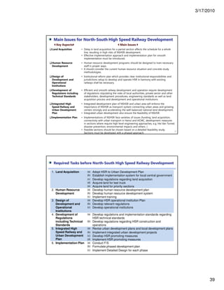3/17/2010
39
Main Issues for North-South High Speed Railway Development
77
Key Aspects Main Issues
Land Acquisition • Delay in land acquisition for a partial section affects the schedule for a whole
line, resulting in high risks of NSHSR development.
• Effective implementation approach and implementation plan for smooth
implementation must be introduced.
Human Resource
Development
• Human resource development programs should be designed to train necessary
staff in proper ways.
• It should consider the current human resource situation and concrete study
methodologies.
Design of
Development and
Operational
Institutions
• Institutional reform plan which provides clear institutional responsibilities and
jurisdictions setup to develop and operate HSR in harmony with existing
railways shall be necessary.
Development of
Regulations including
Technical Standards
• Efficient and smooth railway development and operation require development
of regulations stipulating the roles of local authorities, private sector and other
stakeholders, development procedures, engineering standards as well as land
acquisition process and development and operational institutions
Integrated High
Speed Railway and
Urban Development
Plan
• Integrated development plan of NSHSR and urban area will enforce the
importance of NSHSR as transport system connecting urban areas and growing
centers strongly and accelerating the well-balanced national land development.
• Integrated urban development also ensure the feasibility of NSHSR.
Implementation Plan • Implementations of NSHSR face varieties of issues (funding, land acquisition,
connectivity with urban transport in Hanoi and HCMC, development measures
in sections where require high level engineering approaches, e.g. Hai Van Tunnel,
disaster prevention, environmental impacts and others. )
• Feasible sections should be chosen based on a detailed feasibility study.
Sections must be developed with a phased approach.
1. Land Acquisition (a) Adopt HSR to Urban Development Plan
(b) Establish implementation system for local central government
(c) Develop regulations regarding land acquisition
(d) Acquire land for test truck
(e) Acquire land for priority sections
2. Human Resource
Development
(a) Develop human resource development plan
(b) Develop human resource development system
(c) Implement training
3. Design of
Development and
Operational
Institutions
(a) Develop HSR operational institution Plan
(b) Develop relevant regulations
(c) Develop operational institutions
4. Development of
Regulations
including Technical
Standards
(a) Develop regulations and implementation standards regarding
HSR technical standards
(b) Develop regulations regarding HSR construction and
operations
5. Integrated High
Speed Railway and
Urban Development
Plan
(a) Revise urban development plans and local development plans
(b) Implement integrated urban development projects
(c) Develop HSR promoting measures
(d) Implement HSR promoting measures
6. Implementation Plan (a) Conduct F/S
(b) Formulate phased development plan
(c) Implement Detailed Design for each phase
Required Tasks before North-South High Speed Railway Development
 