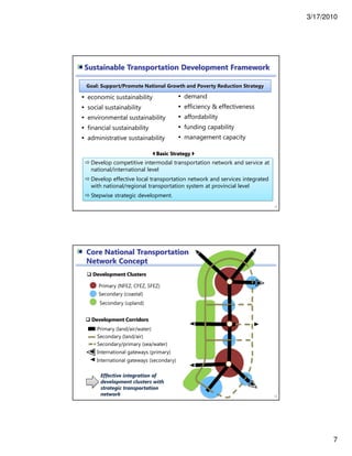 3/17/2010
7
13
economic sustainability
social sustainability
environmental sustainability
financial sustainability
administrative sustainability
demand
efficiency & effectiveness
affordability
funding capability
management capacity
Goal: Support/Promote National Growth and Poverty Reduction Strategy
Develop competitive intermodal transportation network and service at
national/international level
Develop effective local transportation network and services integrated
with national/regional transportation system at provincial level
Stepwise strategic development.
Sustainable Transportation Development Framework
Basic Strategy
14
Development Clusters
Primary (NFEZ, CFEZ, SFEZ)
Secondary (coastal)
Secondary (upland)
Development Corridors
Primary (land/air/water)
Secondary (land/air)
Secondary/primary (sea/water)
International gateways (secondary)
International gateways (primary)
Effective integration of
development clusters with
strategic transportation
network
Core National Transportation
Network Concept
 