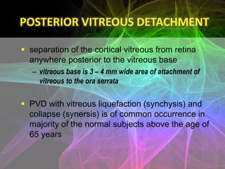 POSTERIOR VITREOUS DETACHMENT

CLINICAL FEATURES

 associated with flashes of lights and floaters
 SLE – collapsed vitre...