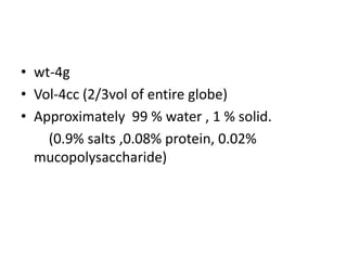 • wt-4g
• Vol-4cc (2/3vol of entire globe)
• Approximately 99 % water , 1 % solid.
(0.9% salts ,0.08% protein, 0.02%
mucopolysaccharide)
 
