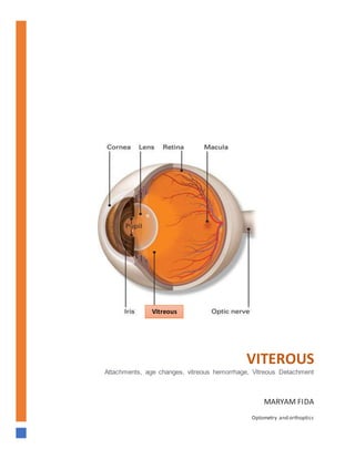 VITEROUS
Attachments, age changes, vitreous hemorrhage, Vitreous Detachment
MARYAM FIDA
Optometry and orthoptics
Vitreous
 