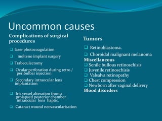 Uncommon causes
Complications of surgical
procedures Tumors
 laser photocoagulation
 molteno implant surgery
 Trabeculectomy
 Ocular perforation during retro /
peribulbar injection
 Secondary intraocular lens
implantation
 Iris vessel alteration from a
prolapsed posterior chamber
intraocular lens haptic.
 Cataract wound neovascularisation
 Retinoblastoma.
 Choroidal malignant melanoma
Miscellaneous
 Senile bullous retinoschisis
 Juvenile retinoschisis
 Valsalva retinopathy
 Chest compression
 Newborn after vaginal delivery
Blood disorders
 