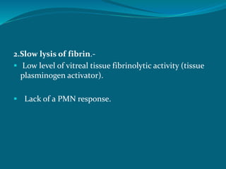 2.Slow lysis of fibrin.-
 Low level of vitreal tissue fibrinolytic activity (tissue
plasminogen activator).
 Lack of a PMN response.
 