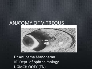 ANATOMY OF VITREOUS
Dr Anupama Manoharan
JR Dept. of ophthalmology
UGMCH OOTY (TN)
 