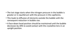 • The last stage starts when the nitrogen pressure in the bubble is
greater or in equilibrium with the pressure in the capillaries.
• This leads to diffusion of elements outside the bubble with the
consequent reduction in bubble size.
• A face-down head position should be maintained until the bubble
decreases by 20% to avoid contact with the crystalline lens in an
upright position.
 