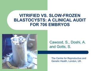 VITRIFIED VS. SLOW-FROZEN
BLASTOCYSTS: A CLINICAL AUDIT
       FOR 706 EMBRYOS



              Cawood, S., Doshi, A.
              and Gotts, S.


               The Centre for Reproductive and
               Genetic Health, London, UK.
 
