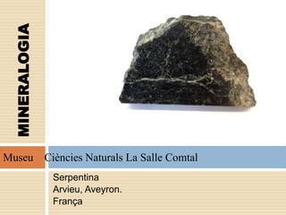 Serpentina
Arvieu, Aveyron.
França
MINERALOGIA
Museu Ciències Naturals La Salle Comtal
 