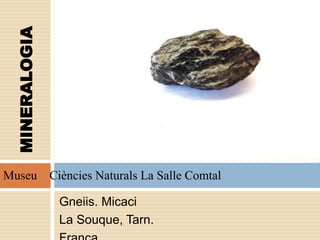 Gneiis. Micaci
La Souque, Tarn.
MINERALOGIA
Museu Ciències Naturals La Salle Comtal
 