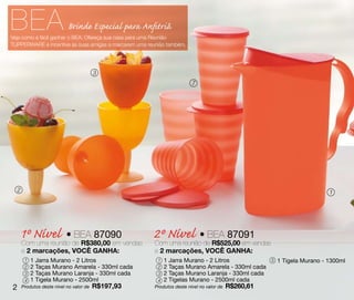BEA                      Brinde Especial para Anfitriã
Veja como é fácil ganhar o BEA: Ofereça sua casa para uma Reunião
TUPPERWARE e incentive as suas amigas a marcarem uma reunião também.




                                  3
                                                                       7




    2                                                                                                                    1




    1º Nível • de R$380,00 em vendas 2º Nível •deBEA 87091vendas
    Com uma reunião
                    BEA 87090
                                     Com uma reunião R$525,00 em
        e 2 marcações, VOCÊ GANHA:                     e 2 marcações, VOCÊ GANHA:
         1 1 Jarra Murano - 2 Litros                    1 1 Jarra Murano - 2 Litros                5   1 Tigela Murano - 1300ml
         2 2 Taças Murano Amarela - 330ml cada          2 2 Taças Murano Amarela - 330ml cada
         3 2 Taças Murano Laranja - 330ml cada          3 2 Taças Murano Laranja - 330ml cada
         4 1 Tigela Murano - 2500ml                     4 2 Tigelas Murano - 2500ml cada
2       Produtos deste nível no valor de R$197,93      Produtos deste nível no valor de R$260,61
 