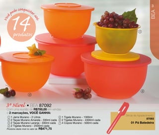 3
            onqu
       ode c is tar


   14



                                                                                                       BEA
     p
    ê



                        até
Voc




                         :
                                                                                              5
        produtos




                                                                                                  6
                    4



  3º Nível • de R$700,00 em vendas
  Com uma reunião
                  BEA 87092
  e 2 marcações, VOCÊ GANHA:
                                                                                   Brinde de Agradecimento:
   1 1 Jarra Murano - 2 Litros                5   1 Tigela Murano - 1300ml
   2 2 Taças Murano Amarela - 330ml cada
                                                                                                     87093
                                              6   2 Tigelas Murano - 4300ml cada
   3 2 Taças Murano Laranja - 330ml cada      7   4 Copos Murano - 500ml cada          01 Pá Batedeira
   4 2 Tigelas Murano - 2500ml cada
  Produtos deste nível no valor de R$471,75
 