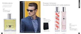 fragrância
1. 96983	
	NYC
Deo-Colônia Masculina 100ml
	Woody Aromático	
	 Preço sugerido: R$ 120,00
Emblemática Energia, romance...
Sua personalidade em cada essência
3. 97045	
	Rio
Deo-Colônia Feminina 100ml
	Floral Gourmand Flutal
4. 96985	
	Paris
Deo-Colônia Feminina 100ml
	 Floral Frutal Musk
	 Preço sugerido: R$ 120,00 cada
* não conta para vendas
e programas de incentivos
2. 300730	
	Sacola
	 Presenteável Nutrimetics*
	 20cm de comp. x 28cm de alt.
x 10cm de larg.
	 Preço sugerido: R$ 3,80
2.
1.
3. 4.
... dinâmica e fascinante, tem o
mundo inteiro em um só lugar.
Essa é New York City - NYC.
6 7
 