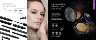 Apon
tador exclusivo
Sombreado
ou delineado?
NC Sombra Baked
Nutrimetics 1,5g cada
OFF
29%
	 Preço sugerido: R$ 65,00 cada
olhos
Tecnologia baked que
proporciona cores intensas
e maquiagem duradoura
Cores metalizadas
Contêm o mineral mica que
adiciona brilho e luminosidade
Luminosidade
e brilho para
sua make
4. 97020
Galaxy
5. 97018
Cosmos
6. 97019
Astro
7. 97021
Vênus
8. 97017
Eclipse
	 Preço sugerido: R$ 65,00 cada
	 Por: R$ 46,00 cada
4.
5.
A modelo está usando Primer Facial, Corretivo Líquido Light,
Base Líquida Mineral Matte Butterscotch, Pó Compacto Velvet
Finish Mineral Sand e Blush Baked Júpiter no rosto. Sombra
Baked Cosmos, Máscara para Cílios Volume e Delineador
Líquido nos olhos. Gloss Brilho Labial Blush nos lábios.
1. 96996
NC Delineador Líquido
Nutrimetics 1,8g cada
Preço sugerido: R$ 45,00 cada
	 NC Lápis Retrátil para Olhos à Prova
d’água Nutrimetics 0,35g cada
	
	
	 Preço sugerido: R$ 39,00 cada
2. 97005
Preto
3. 97006
Marrom
1.
2.
3.
12 13
 
