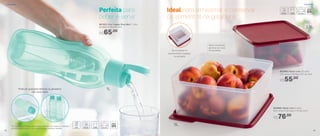 802866 | Basic Line 2,5 Litros
21,3 comp. X 20 larg. X 9,7 alt. (cm)
R$55,00
801253 | Eco Tupper Plus Mint* 1 Litro
9,3 diâm. X 25,8 alt. (cm)
R$65,00
Perfeita para
beber e servir
Base translúcida
permite ver o que
foi guardado
Ideal para armazenar e conservar
os alimentos na geladeira
2,5L
5L
1L
*Eco Tupper Garrafa não vai ao freezer. Não deve ser usada com bebidas
quentes, gaseificadas ou com máquinas para gaseificar bebidas
Pode ser guardada deitada na geladeira:
não vaza nada!
R$76,00
802868 | Basic Line 5 Litros
26,4 comp. X 25,1 larg. X 11,5 alt. (cm)
Se encaixam e
economizam espaço
no armário
Geladeira Geladeira
42 43
 