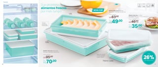 Sua geladeira com
alimentos frescos
por mais tempo
Ideal para guardar
os frios: as fatias
cabem inteiras
Tampas
levemente
translúcidas
26%de desconto
Até
NOVA COR
803814 | Refri Box 1 750ml
24,1 comp. X 14,3 larg. X 4,2 alt. (cm)
Por
R$35,00
Preço Sugerido
R$46,00
cada
cada
803816 | Refri Box 3 3,5 Litros
35 comp. X 23,8 larg. X 6,8 alt. (cm)
Por
R$70,00
Preço Sugerido
R$95,00
803815 | Refri Box 2 1,5 Litro
29,3 comp. X 18,2 larg. X 5,2 alt. (cm)
Por
R$49,00
Preço Sugerido
R$63,00
1,5L
3,5L
750ml cada
Geladeira
46 47
 
