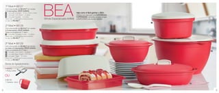 BEA
    1º Nível • 88127
    Com uma reunião de R$ 375,00 em vendas
    e 2 marcações, VOCÊ GANHA:
    1 1 Actualité Avezinha - 27,5 x 19,6 x 14cm                                    Veja como é fácil ganhar o BEA:
    2 1 Actualité Tutti Charm - 2 Litros                                           Ofereça sua casa para uma EXPERIÊNCIA
    3 1 Actualité Sopeira - 1,8 Litros                                             TUPPERWARE e incentive as suas amigas
    Neste nível, a Anfitriã ganha esses produtos   Brinde Especial para Anfitriã   a MARCAREM uma reunião também.
    no valor de R$ 209,97
                                                                                                                               5

    2º Nível • 88128
    Com uma reunião de R$ 515,00 em vendas
    e 2 marcações, VOCÊ GANHA:
    Todos os produtos do 1º nível +
    4 1 Actualité Travessa Funda - 1,5 Litros
    Neste nível, a Anfitriã ganha esses produtos
    no valor de R$ 284,96                                                                                  2
                                                                                                                           3


    3º Nível • 88129
    Com uma reunião de R$ 695,00 em vendas
    ou mais e 2 marcações, VOCÊ GANHA:
    Todos os produtos do 2º nível +                                                                                                    6
     2 1 Actualité Tutti Charm - 2 Litros
     5 1 Actualité Maxi Charm - 2,5 Litros
     6 1 Actualité Tigela - 10 Litros
    Neste nível, a Anfitriã ganha esses produtos
    no valor de R$ 508,93

    Brinde de Agradecimento:

    • 88265
    1 Porta Colher

    OU
    • 88130
    1 Caneca - 350ml
                                                                                                                                   4
                                                                        1

2                                                                                                                                          3
 