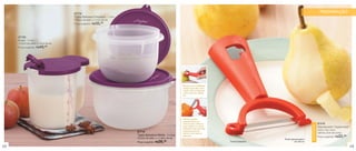 87718                                                                                                                                                    PREPARAÇÃO
                                      Tigela Batedeira Pequena - 1 Litro
                                      15,8cm de diâm. x 11cm de alt.
                                      Preço sugerido: R$32, 99




     87720
     Exata - 1 Litro
     12,6cm de diâm. x 14cm de alt.
     Preço sugerido: R$49, 99




                                                                                                               Remova com facilidade
                                                                                                               cascas de frutas como
                                                                                                               maçã e pêra e legumes
                                                                                                               como cenoura, batata,
                                                                                                               etc.




                                                                                                               Possui a ponta
                                                                                                               descascadora de
                                                                                                               cítricos para cortar do                                                       87478




                                                                                                                                                                                  NOVIDADE
                                                                                                               topo à base e a ponta                                                         Descascador Tupperware®
                                                                                                               boleadora para remover
                                                                                                               pequenos pontos                                                               10,9 x 7,6 x 2cm
                                                                           87719                                                                                                             Lâmina: 5cm de comp.
                                                                                                               escuros de frutas ou
                                                                           Tigela Batedeira Média - 2 Litros
                                                                           19,2cm de diâm. x 11,6cm de alt.
                                                                                                               legumes.                                                                                       22,99
                                                                                                                                                                                             Preço sugerido: R$
                                                                                                                                                           Ponta descascadora
                                                                           Preço sugerido: R$39,  99                                     Ponta boleadora            de cítricos

48                                                                                                                                                                                                                     49
 