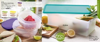 87156                                           • Possui duas bases empilháveis que permitem conservar                                                                   19
Mini Empilhável Cores Diversas*                 diferentes tipos de alimentos no refrigerador.




                                                                                                                                                                        REFRIGERADOR
Composto por: 2 bases de 700ml                  • Bases translúcidas que facilitam a identificação do conteúdo.
cada + 1 Tampa                                  • Tampa hermética que evita a entrada do ar conservando
16,8cm x 12,5cm x 6,4cm cada base               por mais tempo o alimento no refrigerador.
Preço sugerido: R$47,49 cada

Por apenas: R$   38,49
                     cada




* Será entregue na cor disponível no estoque.




                                                                                                                                         6 Litros




                                                                                                                     omize 24 Re

                                                                                                                    23

                                                                                                                  Econ


                                                                                                                                           ai s
                                                                                                                                      %
                                                                                                                                      de
                                                                                                                                      desconto
                                                                                                                                                    86027
                                                                                                                                                    Tupperjumbo - 6 litros
                                                                                                                                                    37,5cm x 17cm x 13cm
                                                                                                                                                    Preço sugerido: R$101,49

                                                                                                                                                                  77,49
                                                                                                                     no Tupperjumbo
18                                                                                                                                                  Por apenas: R$
 