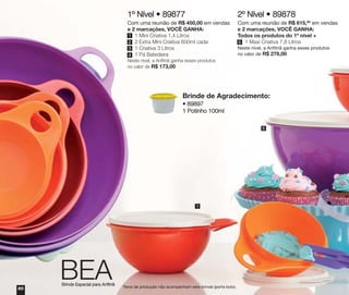 1º Nível • 89877

2º Nível • 89878

Com uma reunião de R$ 450,00 em vendas
e 2 marcações, VOCÊ GANHA:
1 1 Mini Criativa 1,4 Litros
2 2 Extra Mini Criativa 600ml cada
3 1 Criativa 3 Litros
4 1 Pá Batedeira

Com uma reunião de R$ 615,00 em vendas
e 2 marcações, VOCÊ GANHA:
Todos os produtos do 1º nível +
5 1 Maxi Criativa 7,8 Litros
Neste nível, a Anfitriã ganha esses produtos
no valor de R$ 278,00

Neste nível, a Anfitriã ganha esses produtos
no valor de R$ 173,00

Brinde de Agradecimento:
• 89897
1 Potinho 100ml
5

1

BEA

Brinde Especial para Anfitriã

60

*Itens de produção não acompanham este brinde (porta bolo).

 