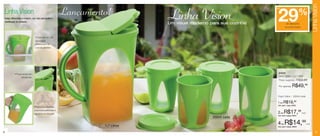 Linha Vision
                                                                  Lançamento!           Linha Vision
                                                                                                                              até
    Linha Vision
    Design diferenciado e moderno, com visor para facilitar a
    identificação do conteúdo.
                                                                                        Um visual moderno para sua cozinha!
                                                                                                                               29          de desconto
                                                                                                                                          na Linha Vision
                                                                                                                                                          %

                                        • Possui formato oval
                                        que encaixa
                                        perfeitamente na
                                        porta da geladeira.




               • Possui tampa com                                                                                              84926
                                                                                                                               Jarra Vision - 1,7 Litros
                      sobretampa.
                                                                                                                               Preço sugerido:           R$69,99

                                                                                                                               Por apenas:       R$49,99

                                                                                                                               Copo Vision - 330ml cada

                                                                                                                               1 por R$19,
                                                                                                                                                   99

                                                                                                                               Cód. para 1 peça: 84925
                                      • Possui alça lateral que
                                      proporciona praticidade e
                                                                                                                               2 por R$17,
                                                                                                                                                          99
                                                                                                                                                               cada
                                      segurança no manuseio.
                                                                                                                               Cód. para 2 peças: 86007
                                                                                                           330ml cada

                                                                           1,7 Litros
                                                                                                                               4    por   R$14,99
                                                                                                                               Cód. para 4 peças: 86008
                                                                                                                                                                      cada



8                                                                                                                                                                                  9
 