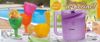 linha |Murano
                                                                                                                    21




                                              22             %




                                                                                                                    SERVIR
                                                              de
                                                              desconto
                                              na Jsrra Charmosa




                                                                                                    • Tampa
                                                                                                      desmontável
                                                                                                      que permite a
                                                                                                      limpeza perfeita
                                                                                                      da peça.


                                                                                                    • Tampa com
                                                                         1,4 Litros                   fechamento
                                                                                                      de pressão.
Taça Murano - 330ml cada
9,4cm diâm. x 13,2cm alt. cada
84609 - Verde
84610 - Rosa
84611 - Laranja
84612 - Amarela                  330ml cada                                           87205
Preço sugerido: R$24,49 cada                                                          Jarra Charmosa - 1,4 Litros
                                                                                      13,8cm de diâm. x 16cm de alt.
                                                                                      Preço sugerido: R$52,99

20                                                                                    Por apenas: R$   40,99
 