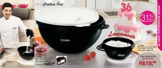 linha |Criativa Ônix
                                                                                                                                         7




                                                                                                                                  36 ANOS TUPPERWARE BRASIL
                                                                                                31                   %de
                                                                                                                      desconto
                                                                                                   na Extra Mini Criativa Ônix




                                                                               Lançamento
                                      7,8 Litros
                                                                                             2 87382
                          1                                                                 Extra Mini Criativa Ônix - 600ml
                                                                                            15,3cm diâm. x 7,4cm alt.
                                                                                            Preço sugerido: R$27,49



     1 87381
                                                                           2
                                                                                  600ml         Preço especial de
    Maxi Criativa Ônix - 7,8 Litros
    32cm diâm. x 15,6cm alt.
                                                                                                  lançamento


                                                                                              R$18,
                                             Possui alça com encaixe

                                                                                                                             99
                                                                                              por apenas
    Preço sugerido: R$87,99                  para o dedo polegar,


                  R$63,         99           proporcionando segurança na

6   Por apenas:                              movimentação do produto.
 