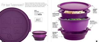 890323
Micro Gourmet
26,3cm de diâm. x 13,7cm. de alt.
Preço sugerido: R$380,00
Por apenas: R$330,00
Por que Tupperware?
Abas laterais
Permitem manusear o
produto com segurança
após o cozimento
Bandeja Rasa 600ml
Para cozinhar a vapor
alimentos delicados
e macios
Bandeja Funda
2,5 Litros
Perfurada na base,
para cozinhar a
vapor qualquer
tipo de alimento
Tampa Metal
Revestido
Protege os
alimentos no
micro-ondas
Reservatório de
Água 400ml
indica a
quantidade exata
de água para
colocar antes de
utilizar o produto
Porque só a Tupperware tem o Micro Gourmet, um produto
inovador, que cozinha a vapor, no micro-ondas, até dois alimentos
de uma única vez, de forma rápida, fácil e saudável. Preserva o
sabor dos alimentos, mantendo seus nutrientes e vitaminas.
2524
Economize
R$50,00 no
Micro Gourmet
 
