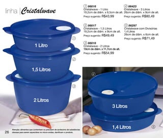 1 86816                         4 86423

linha |Cristalwave                                                              Cristalwave - 1 Litro           Cristalwave - 3 Litros
                                                                                19,2cm de diâm. x 6,5cm de alt. 26cm de diâm. x 9cm de alt.
                                                                                Preço sugerido: R$43,99          Preço sugerido: R$80,49


                                                                                 2 86817                          5 86297
                                                                                Cristalwave - 1,5 Litros         Cristalwave com Divisórias
                                                                                19,2cm de diâm. x 9cm de alt.    1,4 Litros
                                                                                Preço sugerido: R$49,49          26cm de diâm. x 6cm de alt.
                                                                     1                                           Preço sugerido: R$71,49
                                                                                 3 86818
                             1 Litro                                            Cristalwave - 2 Litros
                                                                                19cm de diâm. x 11,7cm de alt.
                                                                                Preço sugerido: R$54,99

                                                                     2



                         1,5 Litros
                                                                                       4



                                                                     3




                           2 Litros
                                                                                                       3 Litros



     Atenção: alimentos que contenham ou precisem de acréscimo de substâncias
                                                                                                       1,4 Litros                      5
26   oleosas para serem aquecidos no micro-ondas, danificam o produto.
 