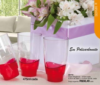 35




                                              SERVIR
              Em Policarbonato




             86772
             Copo Elegância - 475ml cada
475ml cada   8,4cm de diâm. x 14,5cm de alt. cada
             Preço sugerido:   R$38,49 cada
 