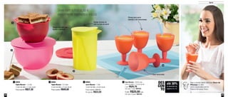 32 33
Servir
3
4
1
2
89959
Tigela Murano - 1,3 Litro
17,6cm de diâm. x 11,3cm de alt.
Preço sugerido: R$37,30
1 89960
Tigela Murano - 2,5 Litros
21,6cm de diâm. x 13,3cm de alt.
Preço sugerido: R$49,00
2 89856
Jarra Murano - 1 Litro
13,5cm de diâm. x 9,3cm de alt.
Preço sugerido: R$48,00
Por apenas: R$33,50
3 Taça Murano - 330ml cada
9,4cm de diâm. x 13,2cm de alt.
1 por: R$26,70
Cód. para 1 peça: 800183
4
4 por: R$20,00 cada
Cód. para 4 peças: 800184
até 30%
de desconto nas
páginas 32 e 33
DES
CON
TO
Sirva com sofisticação e
experimente momentos únicos
Base texturizada
Tampa com aba, que
facilita a abertura
Design encaixa na
mão na hora de servir
Ótimas para servir
bebidas e até sobremesas
Veja a receita deste delicioso Suco de
Pêssego no site:
www.tupperware.com.br
Palavra de busca: Suco
 